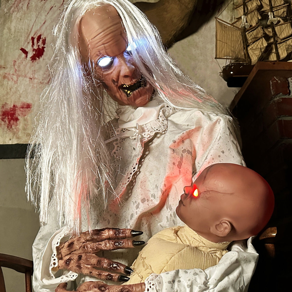 Haunted Hill Farm Life-Size Animatronic Gravely Granny by Tekky Halloween Decoration, 2.9-Ft.