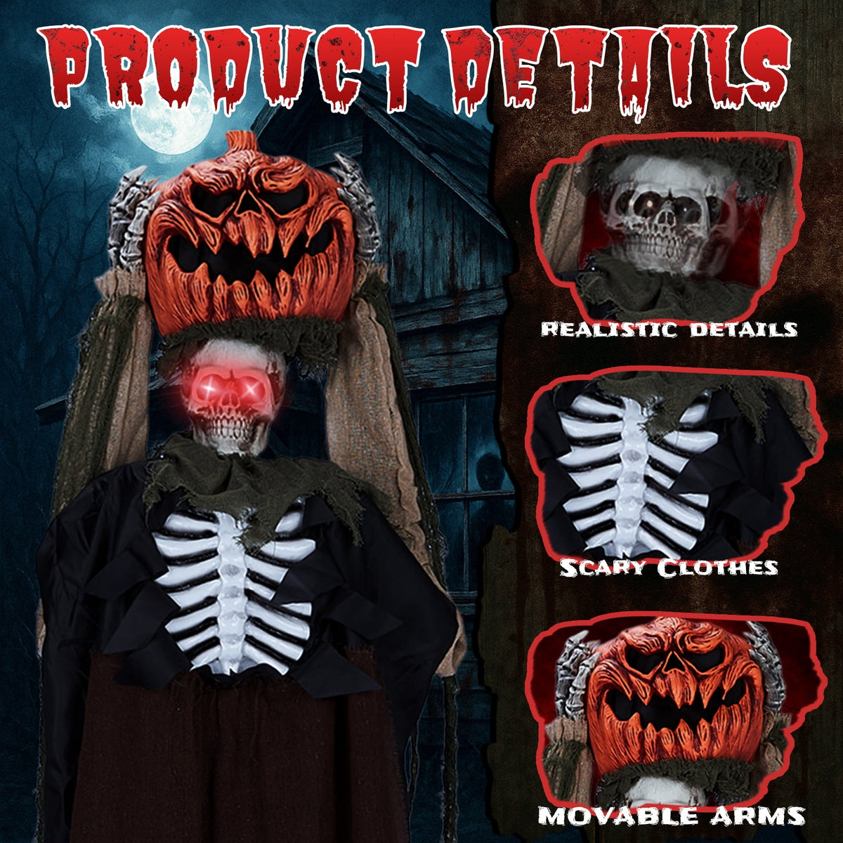 6ft Ghost with The Pumpkin Head Halloween Animated Animatronic Decoration w/ Pre-Recorded Screaming Ktaxon