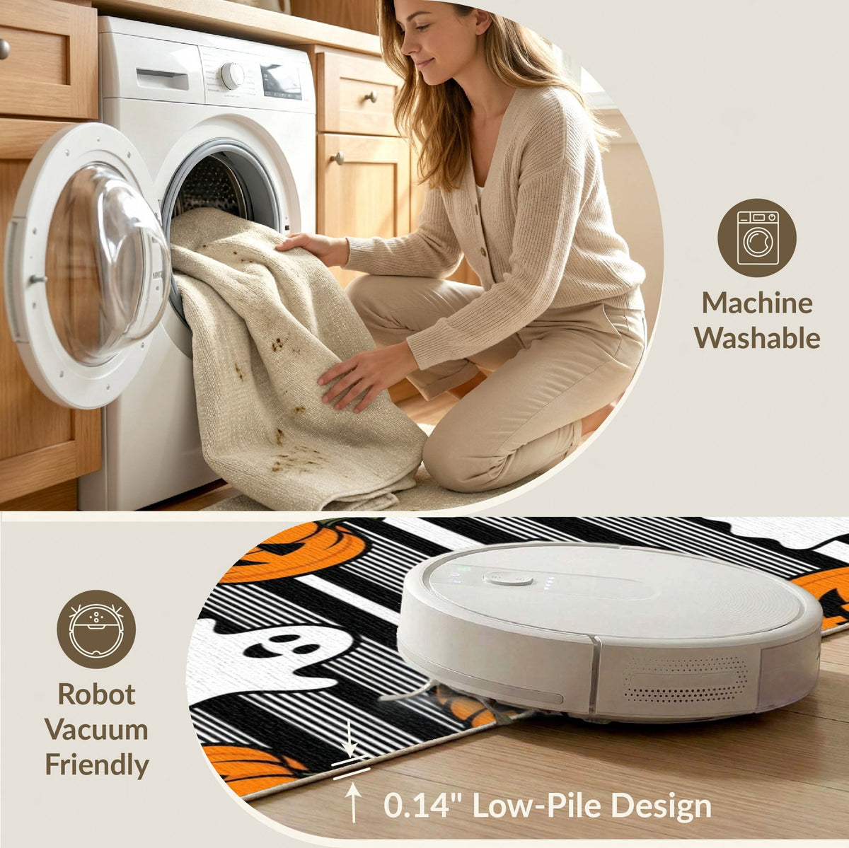 ODIKA Halloween Spooky Pumpkin Phantom Striped Entrance Door Doormat for Playroom, Bedroom, Reading Nook, Pet Friendly & Kids Safe Play