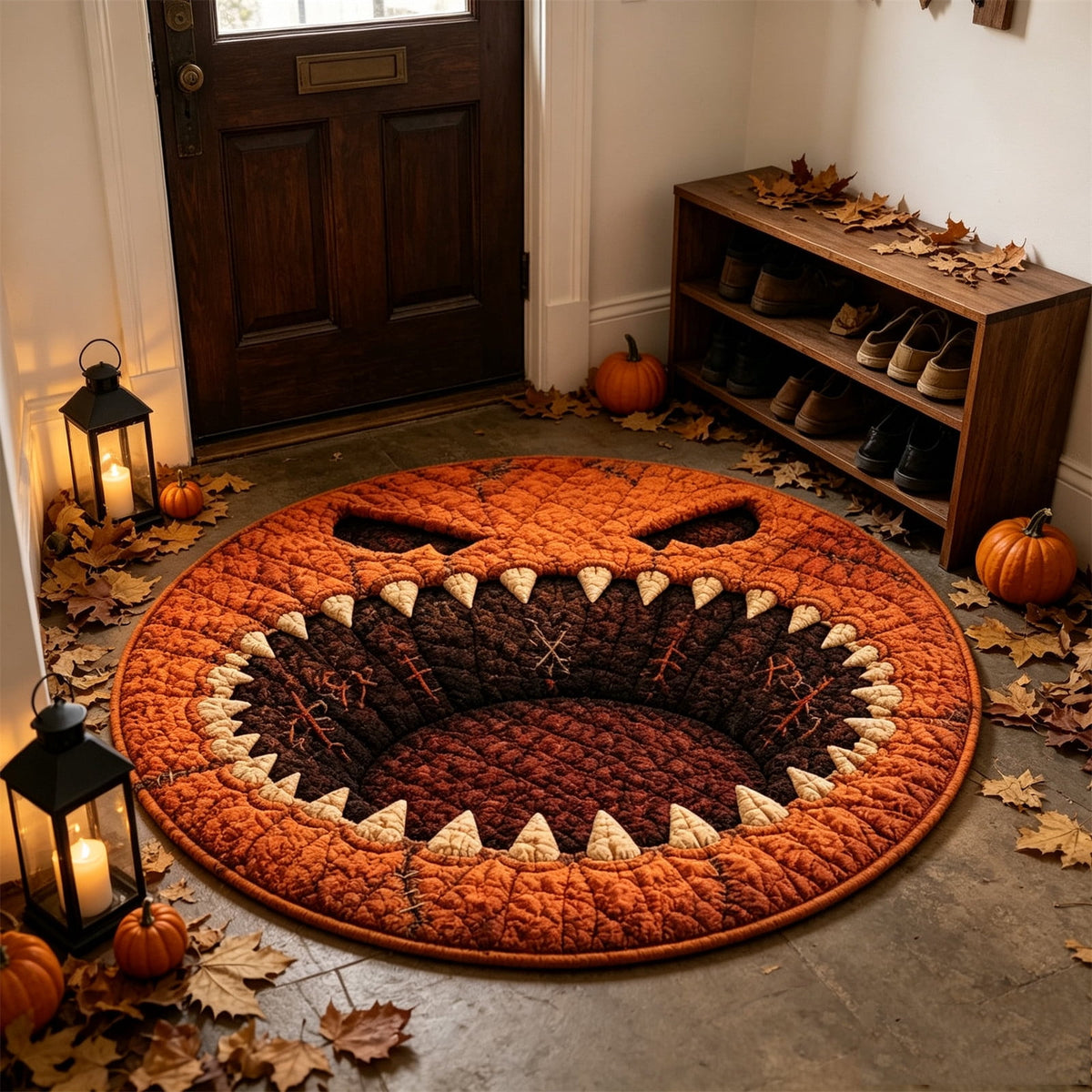2Pcs 3D Circular Halloween Doormat – Monster Pumpkin Face With Sharp Teeth, Non-Slip Polyester Round Mat For Indoor/Outdoor, Spooky Cute Fall Decor, Perfect Gift For Halloween Lovers (72X72")