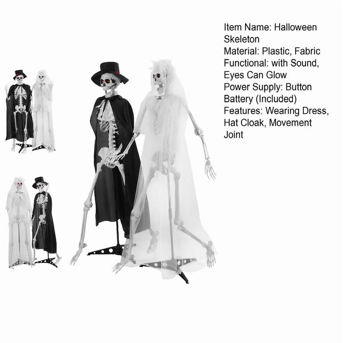 Floseru Halloween Skeleton Couple Life Size, Bride & Groom with Sound and Glowing Eyes, Poseable Joints, for Graveyard Scene Decoration
