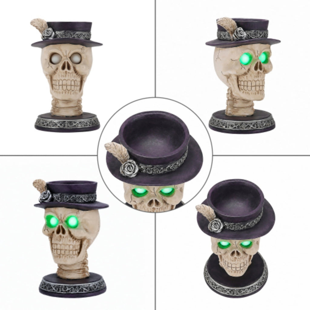 Halloween Skeleton Butler Floor Statue with Serving Tray & Realistic Black Cat, 35.43 Inch Gothic Resin Standing Decor for Entryway, Porch, Living Room, Halloween Party Home Decoration