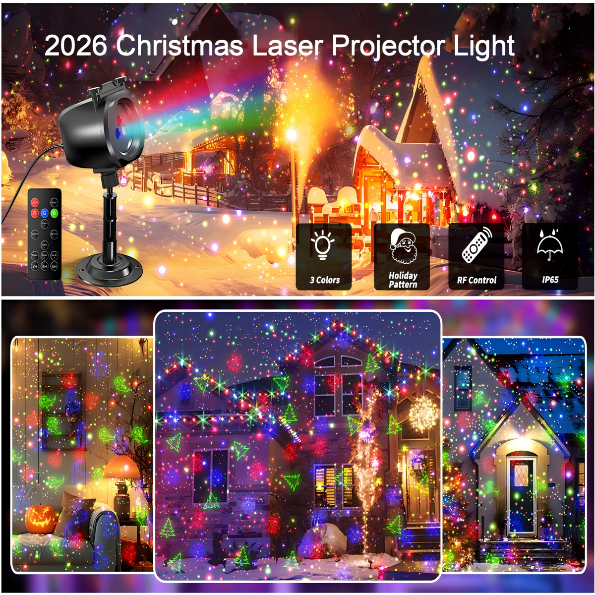 Christmas Laser Projector Lights Outdoor – RGB 3 Color Laser Light with 24 Patterns, IP65 Waterproof Starry Firefly Light Show for Garden Yard Holiday Party & Year-Round Decor