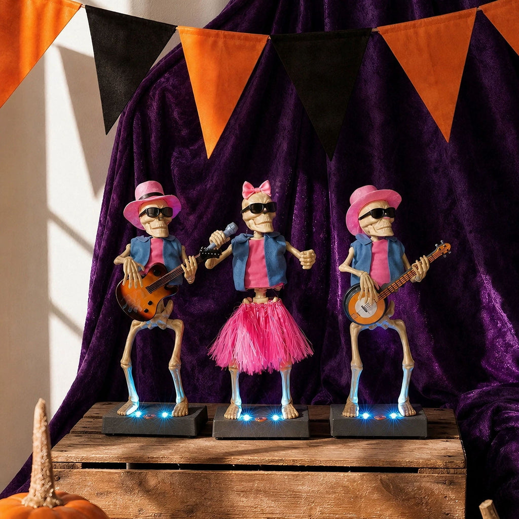 Halloween 3-Pack Rock Band Skeleton Figurine Set with LED Lit Base, 14.6" Pink Hawaiian Outfit Musician Skeleton Statues, Bar Counter Halloween Party Tabletop Decor