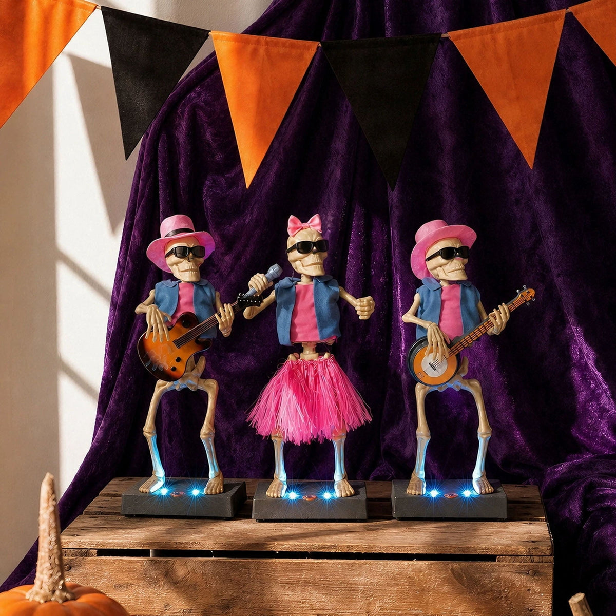 Halloween 3-Pack Rock Band Skeleton Figurine Set with LED Lit Base, 14.6" Pink Hawaiian Outfit Musician Skeleton Statues, Bar Counter Halloween Party Tabletop Decor
