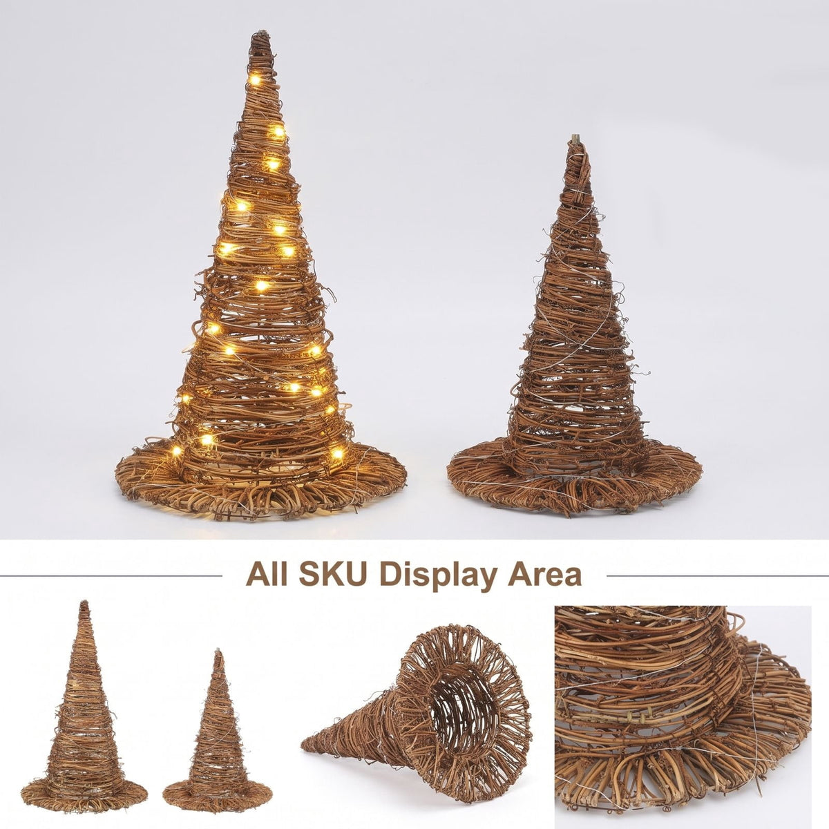 Lighted Rattan Witch Hat Set Halloween Decor, Hand Woven Wizard Hats with Warm LED Lights, Spooky Tabletop Centerpieces for Home Party & Fall Harvest Display (11.8" & 9.8")