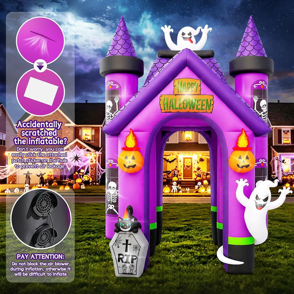 Kalolary 12FT Witch Haunted House Halloween Inflatable Archway, Purple Tunnel Bounce House Halloween Blow up Outdoor Decorations for Yard Festival Party