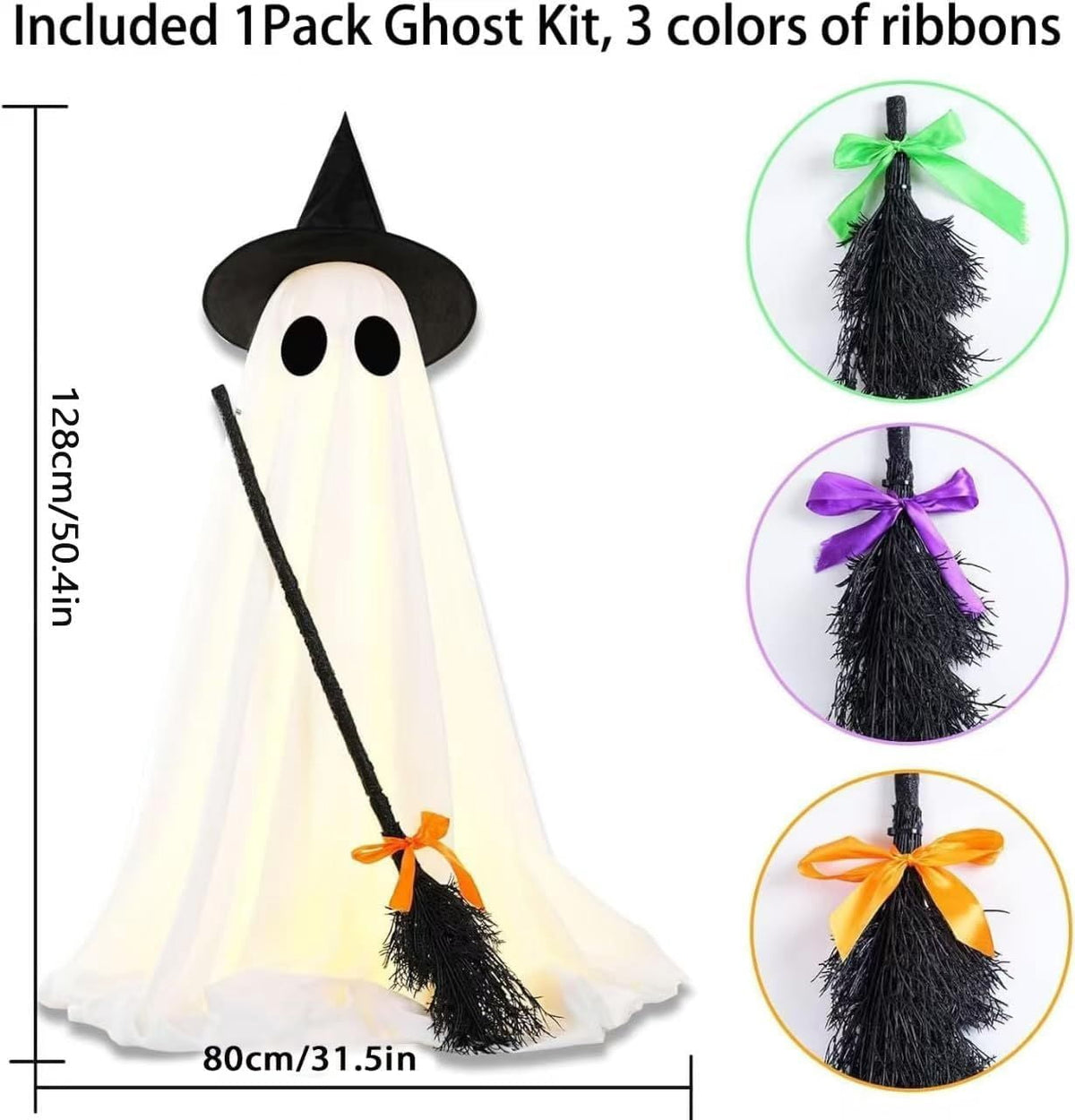 LED Light Up Ghost Decoration with Witch Broom and Timer for Halloween