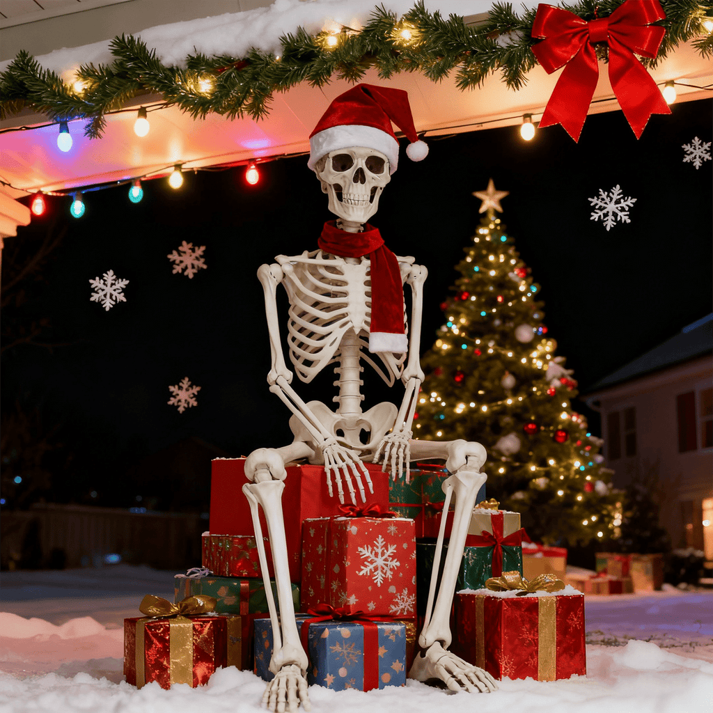 Lighted Up Giant Skeleton Christmas Outfit,12ft Skeleton Xmas Accessories Costume Including Giant Santa Hat,Scarf,10ft Chain Lights,Inflatable Candy Cane for Garden Lawn Indoor Outdoor Decor