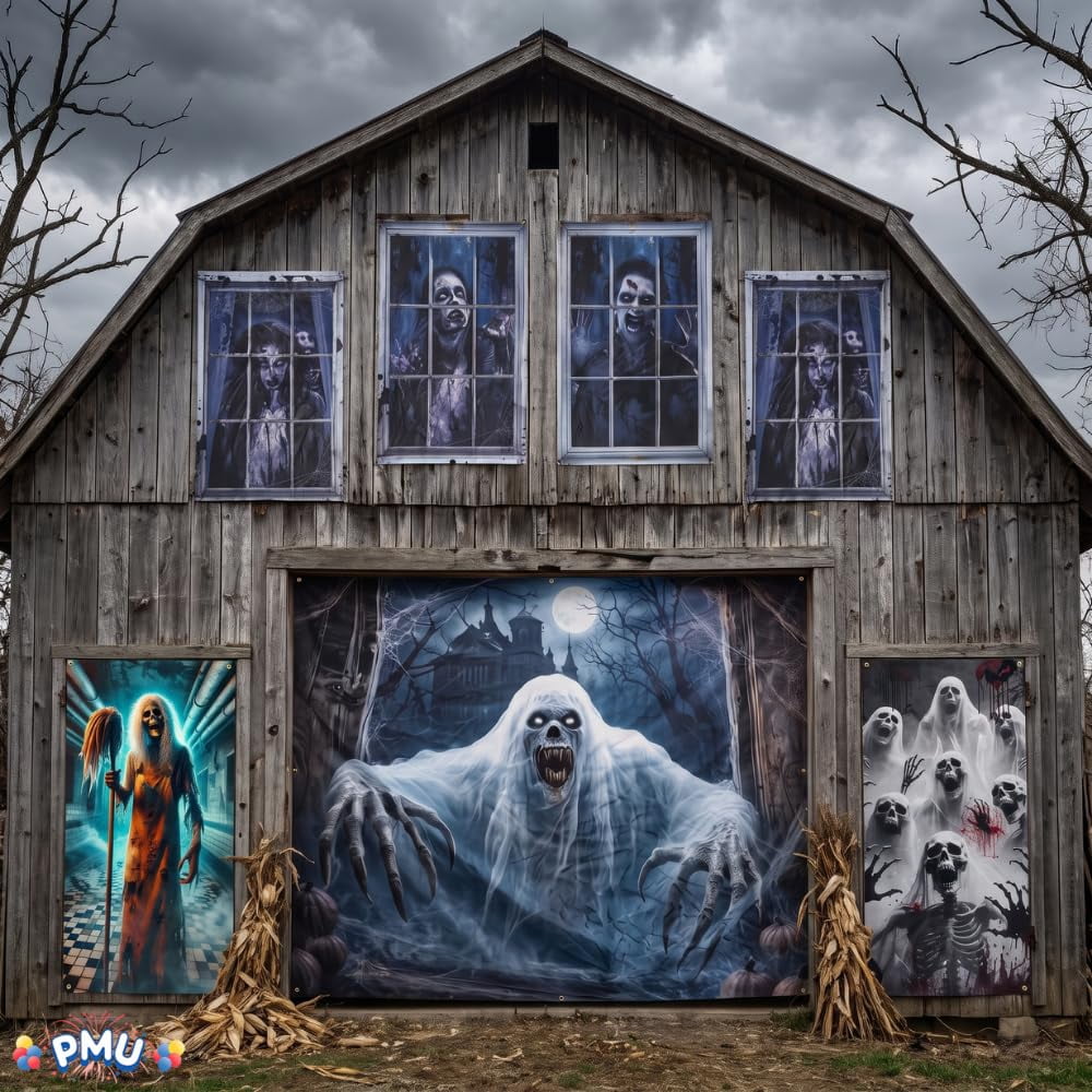 PMU 7-Piece Halloween Garage Door Cover Set, 16 x 7 ft, Skeleton Window & Door Decorations