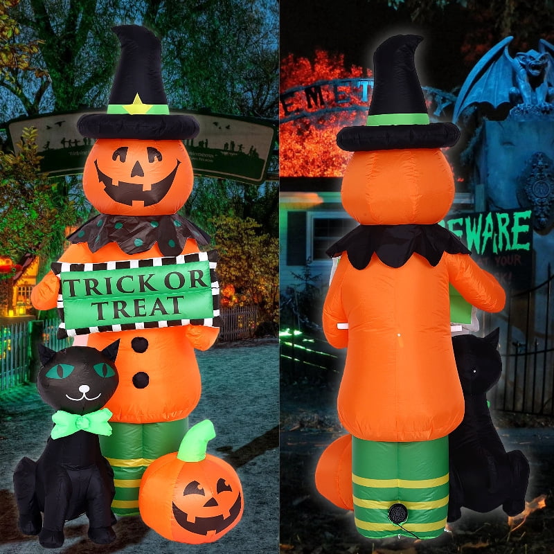 6FT Halloween Inflatables Black Cat Pumpkin Outdoor Decorations,Inflatable Trick or Treat Pumpkins with Build-in LEDs Lights, Air Blow Up Yard Decorations for Indoor Outdoor Garden Lawn Party