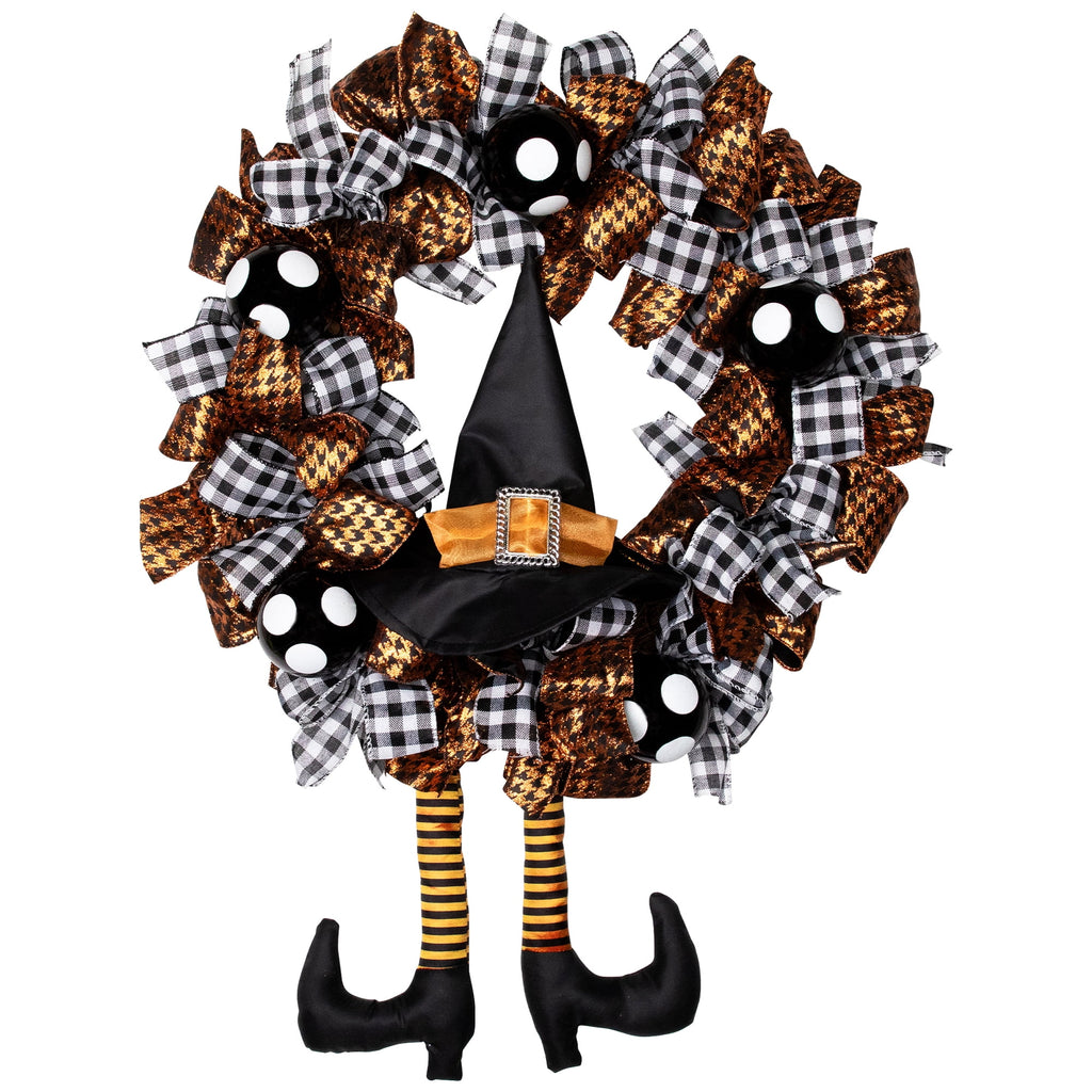 Northlight Witch with Bows and Ornaments Halloween Wreath - 24" - Orange and Black - Unlit