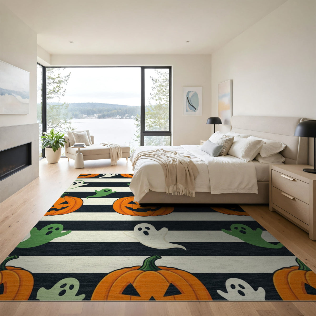 ODIKA Halloween Spooky Pumpkin Phantom Striped Entrance Door Doormat for Playroom, Bedroom, Reading Nook, Pet Friendly & Kids Safe Play
