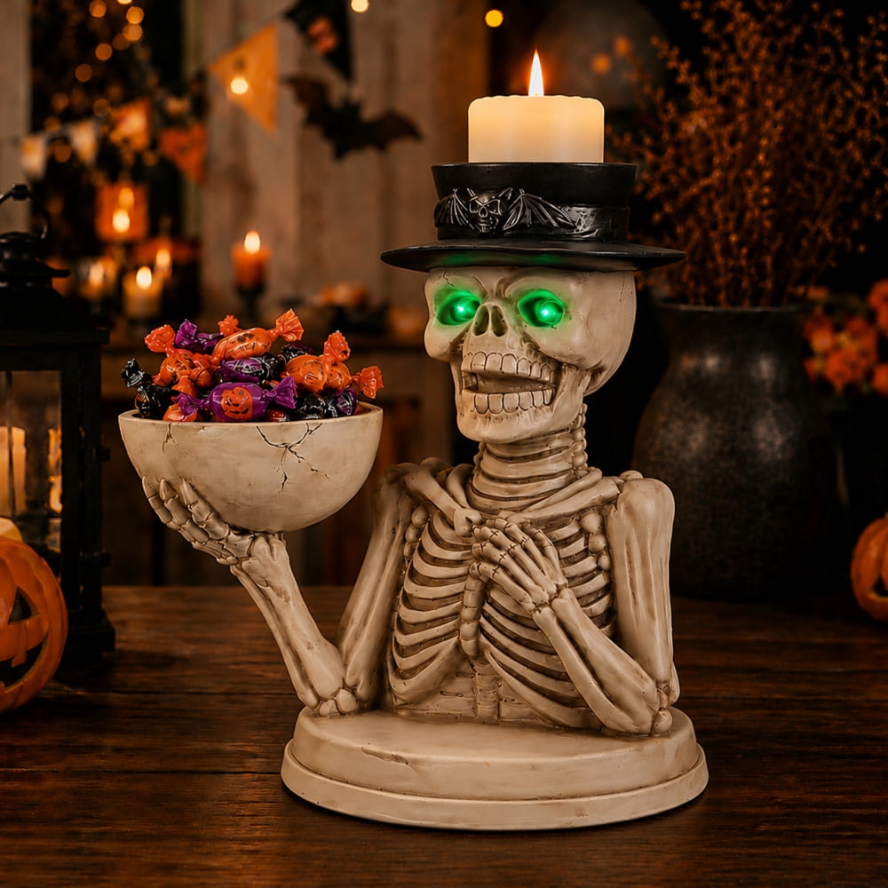Halloween Skeleton Butler Floor Statue with Serving Tray & Black Cat, Resin Gothic Home Decor for Entryway Porch Living Room