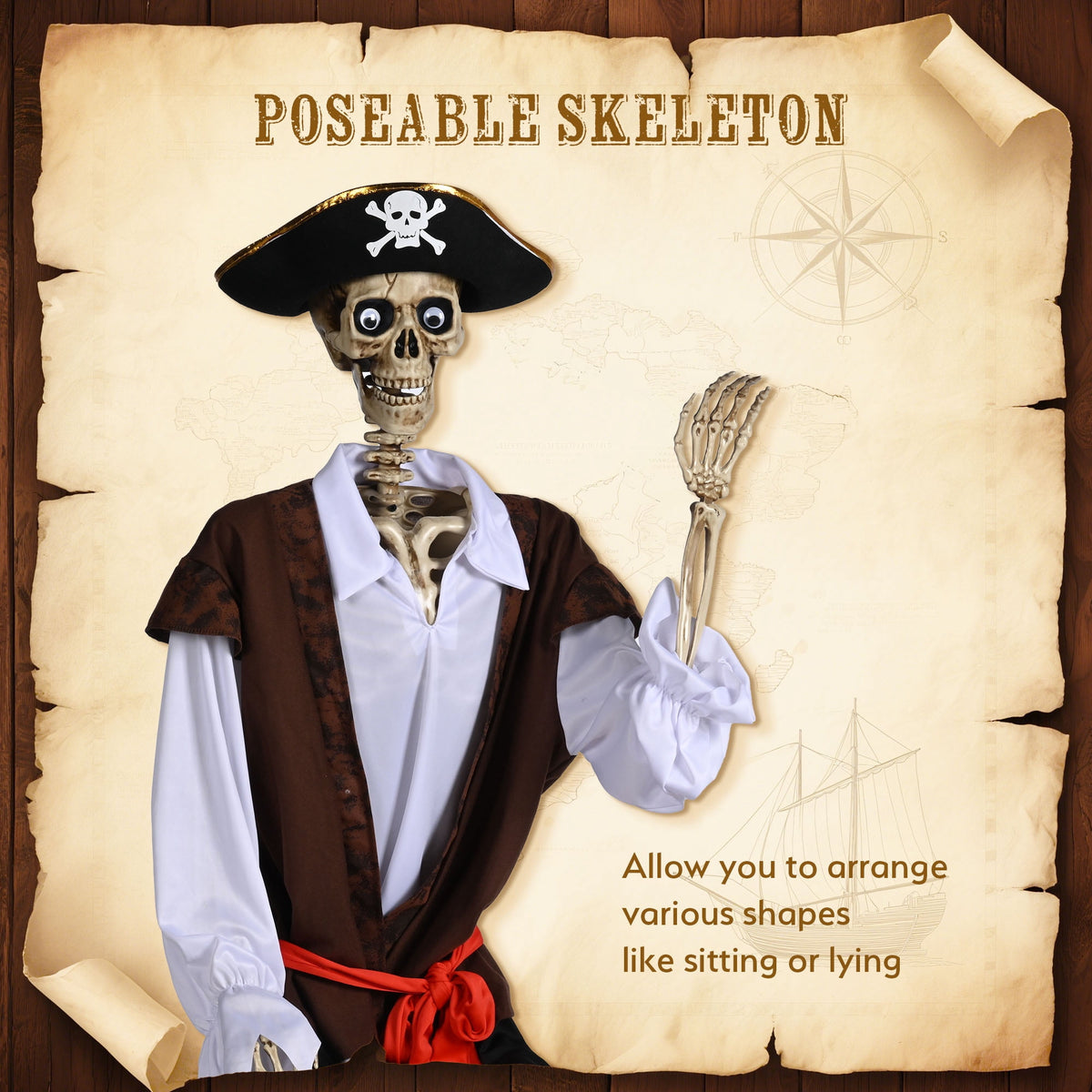 Yescom 5.6ft Halloween Pirate Captain Skeleton Life Size Human Bone Movable Joints Outdoor Decor 2026