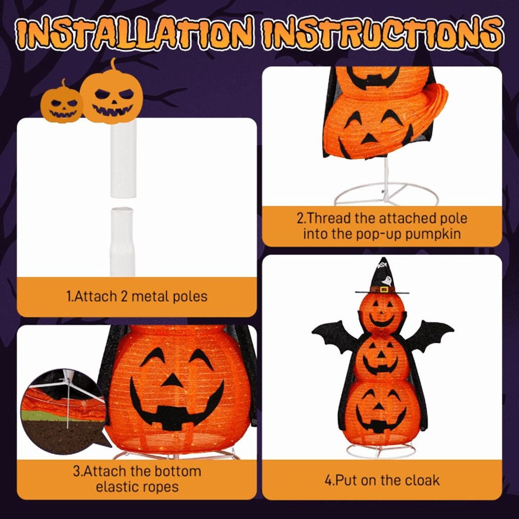 Alvantor 5 ft Lighted 3-Tier Pop-Up Pumpkin Halloween Decoration with Witch Hat, Cape, Bat Wings and 130 Warm White LEDs, Orange