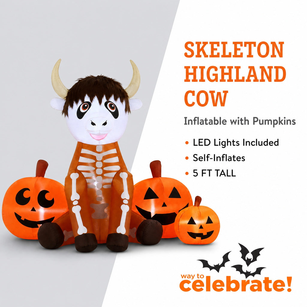 Skeleton Highland Cow with Pumpkins Airblown Yard Inflatable, Multicolor, 5', Halloween by Way To Celebrate