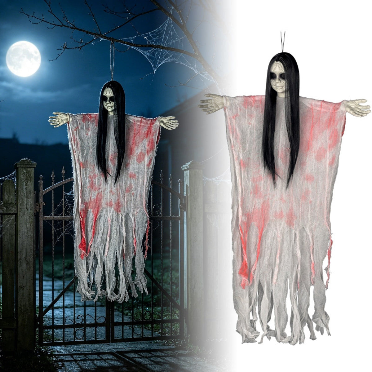 Halloween Witch Hanging Decoration, 45" Scary Witch Skeleton Hangings, Glowing Specters Pendant for Halloween Festival, Eerie Skull Ornament for Party Haunted House Outdoor Props, A