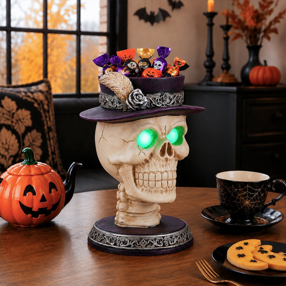 Halloween Skeleton Butler Floor Statue with Serving Tray & Black Cat, Resin Gothic Home Decor for Entryway Porch Living Room
