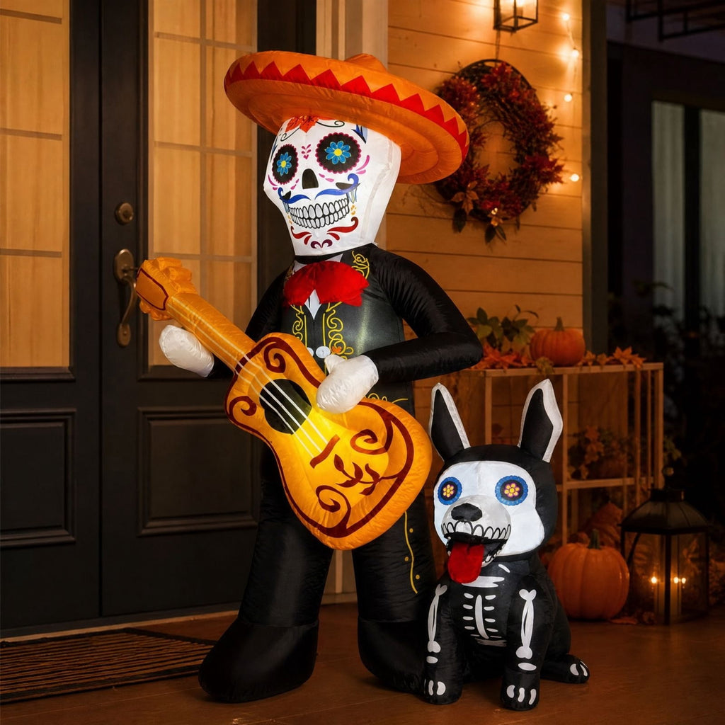 MInHoues 4 ft Halloween Inflatable Mold Ornament, Day of the Dead Skeleton Playing Guitar Decorative Molds, Polyester Spooky Yard Prop for Indoor Outdoor Party Yard Decor