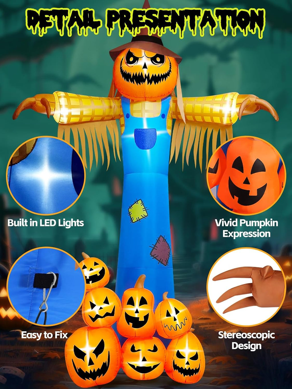 12.5 FT Halloween Inflatables with Music, Kalolary Giant Pumpkin Scarecrow Inflatable with LED Light Blow Up Yard Decor with Scary Sound for Outdoor Garden Lawn Holiday Party Supplies