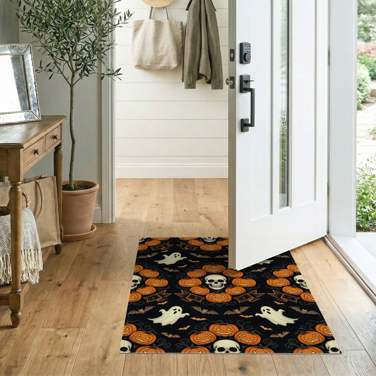 ODIKA Halloween October Phantom Gourd Flying Creature Fiber Doormat Stain Resistant Low Profile for Dorm Room, Small Living Apartment