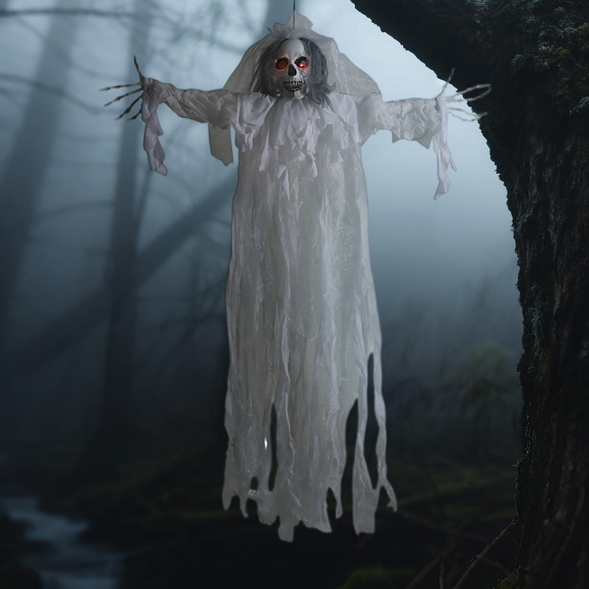 XHKUYI Halloween Hanging Skull Ghost Decoration 59 inches, Sound Activated Hanging Skeleton Ghost with Red Glowing Eyes, Tattered White Gauze Ghost for Yard Tree, Haunted House, Bar & Party Decor