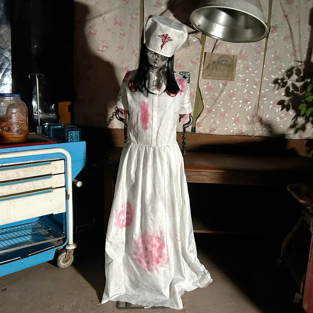 Haunted Hill Farm Life-Size Animatronic Convulsing Nurse by Tekky Halloween Decoration, 5.2-Ft.