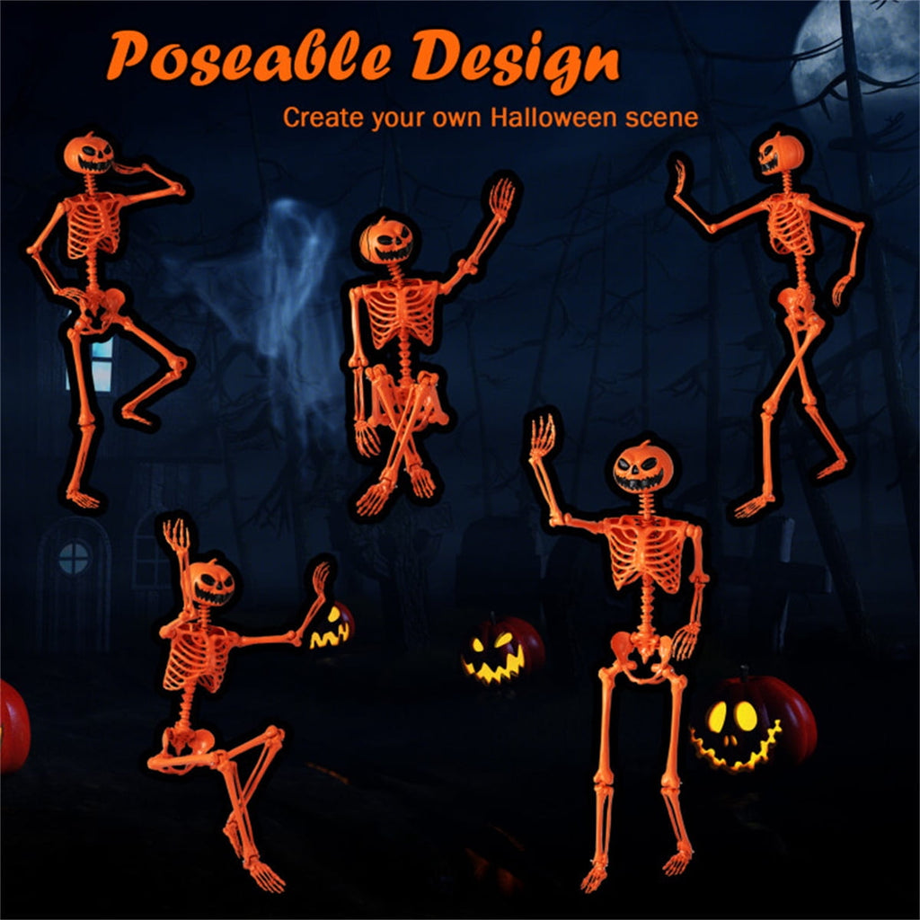 ECOBUY 5.5ft Life-Size Poseable Halloween Skeleton with Pumpkin Head, Orange Full-Body Realistic Decor, Movable Joints for Indoor & Outdoor Scary Display