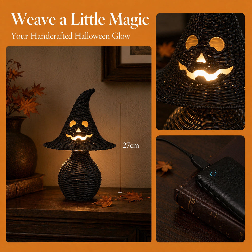 Lighted Halloween Table Centerpiece, Witch Hat Pumpkin Lamp, Black Woven Rattan Halloween Decor Indoor, Glowing Tabletop Decoration for Party Home