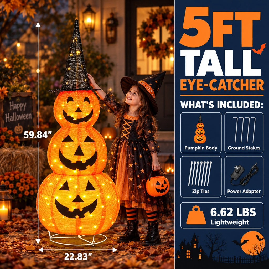 5ft Lighted Halloween Pumpkin Stack with 100 LEDs