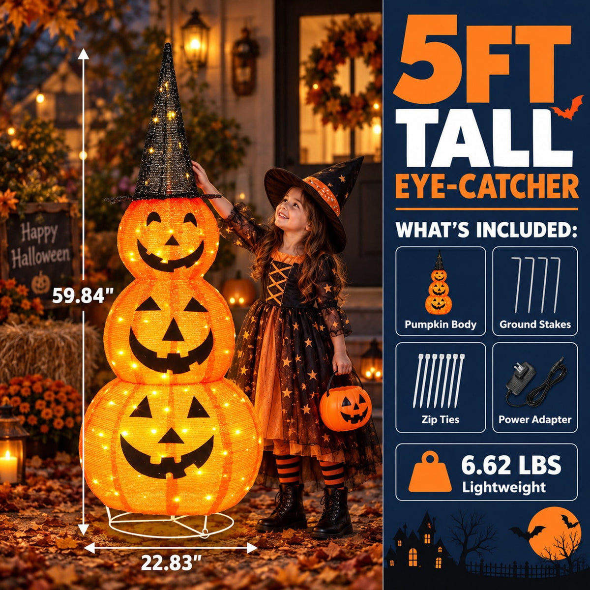 5ft Lighted Halloween Pumpkin Stack with 100 LEDs