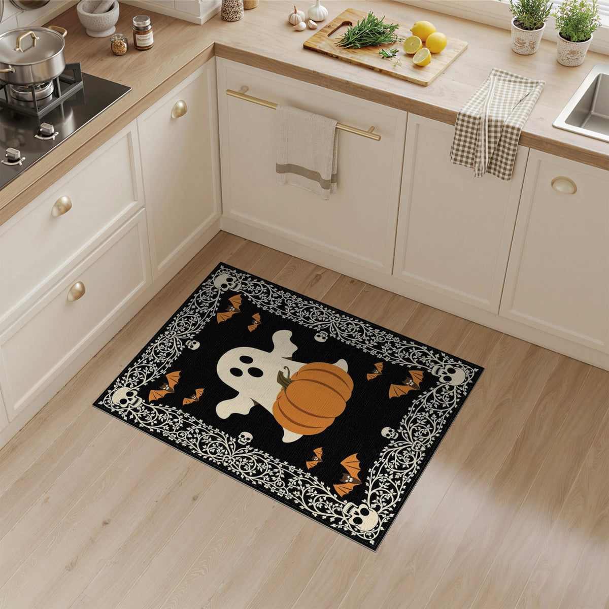 ODIKA 8'x10' Washable Area Rug Halloween Harvest Spirits Grinning Lantern Entrance Doormat Door for Living Room, Under Sectional, Family , Durable, Non-Slip