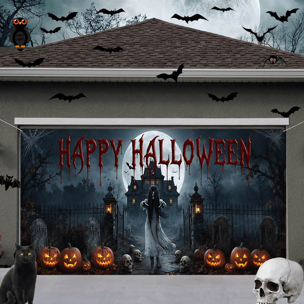 16X7ft Halloween Garage Door Cover Decorations, Spooky Skeletons Pumpkin Large Garage Wall Backdrop Hanging Banner for Halloween Yard Indoor Outdoor Party Decor