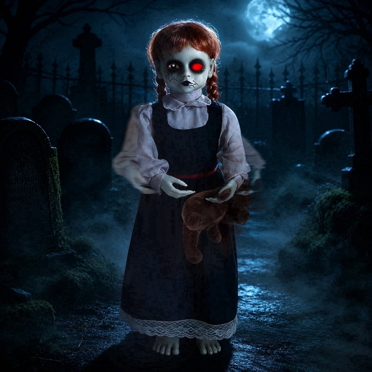 Halloween Decor Animatronic Prop Areker 35in Haunted Little Girl, Touch & Sound Activated Scary Ghost Doll with Red LED Glowing Eye, Outdoor Indoor Horror Decor with Stable Sand Weight Base