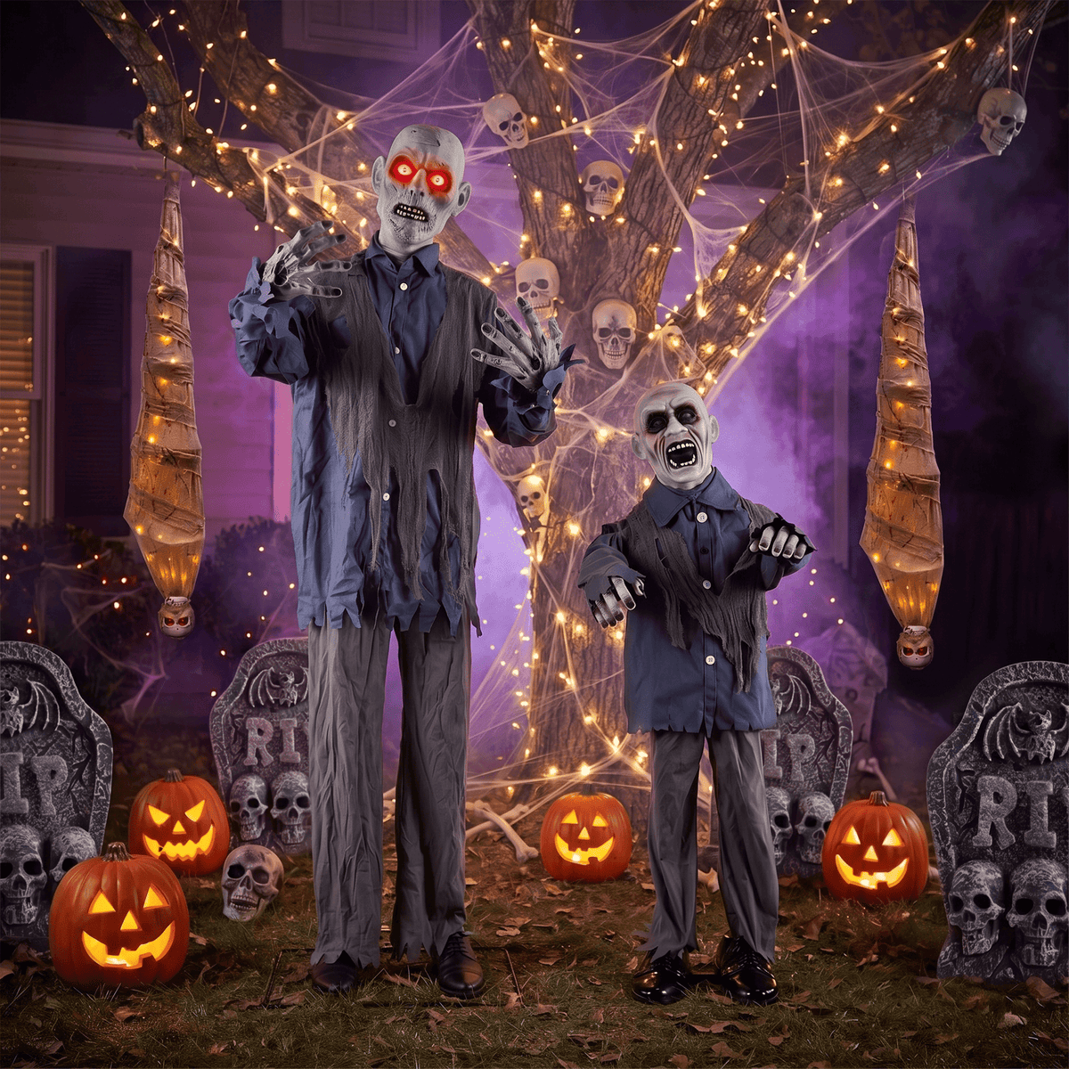 76-Inch Animated Standing Zombie Halloween Decoration with Red Glowing Eyes, Swaying Motion, Spooky Sounds and Metal Stand
