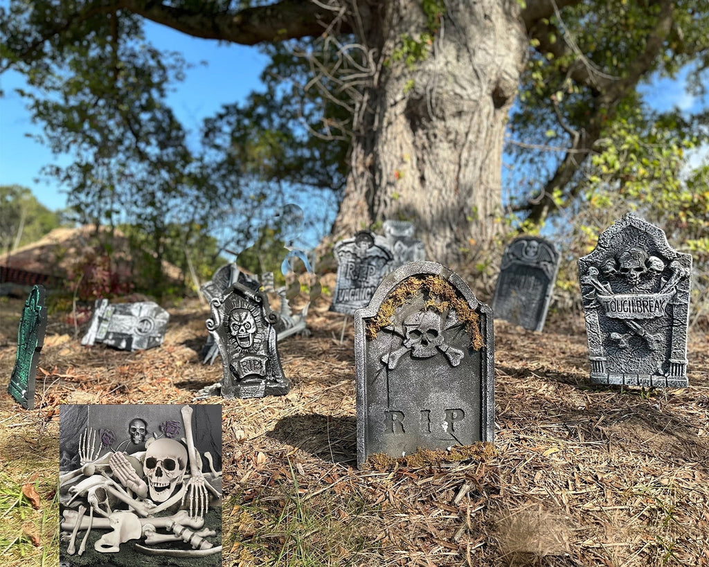 10 Pack Halloween Foam RIP Graveyard Tombstones with 35P Skeleton Bones for Halloween Party Outdoor Decorations