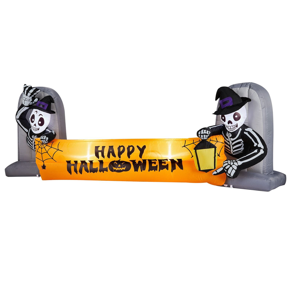 9.6FT Inflatable Skeleton Holding Happy Halloween Banner with LED Lights for Yard Garden Party