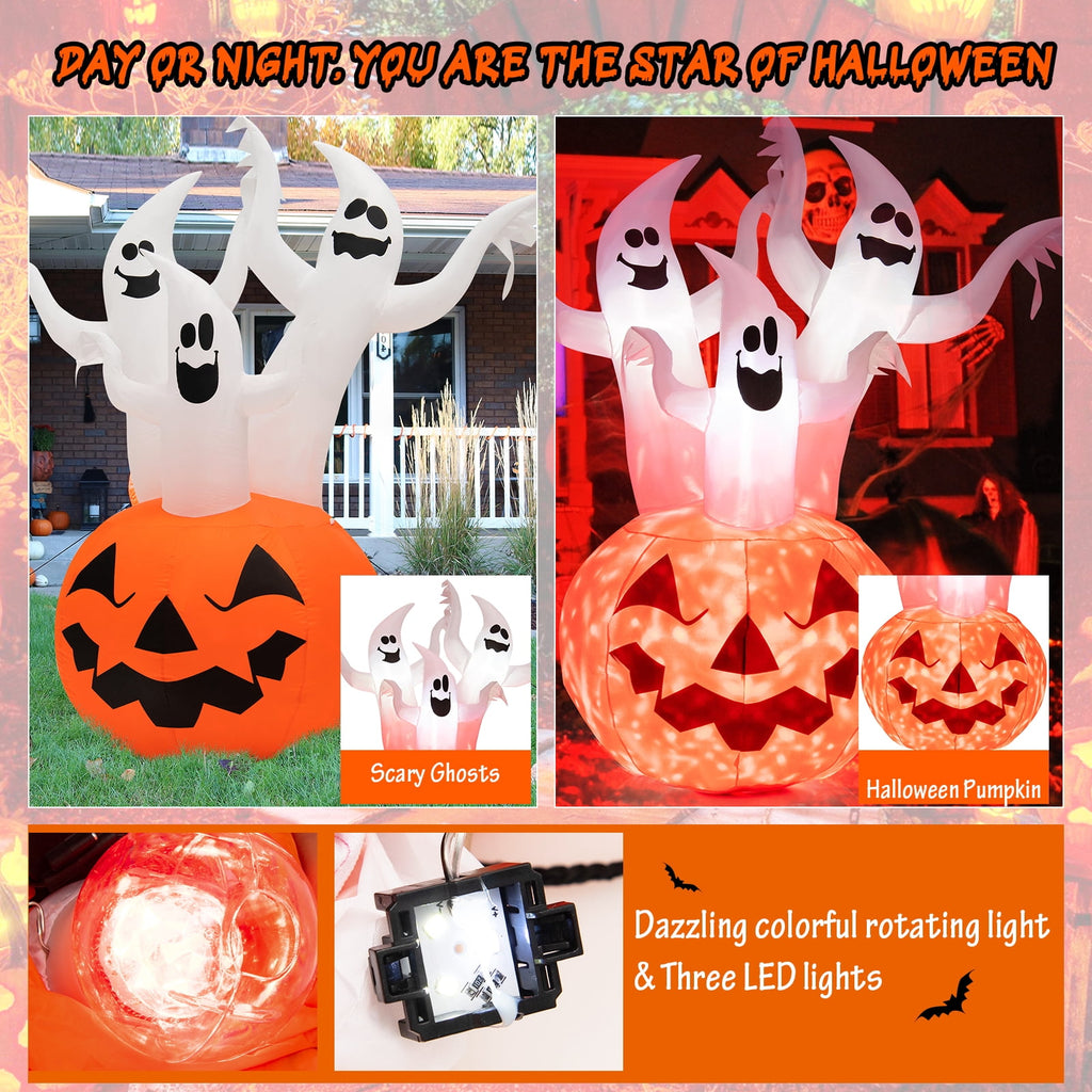 Patiojoy 6FT Halloween Inflatable Decorations 3 White Puppets on Pumpkin Halloween Pumpkin Dolls Decor w/ Build-in LED Lights