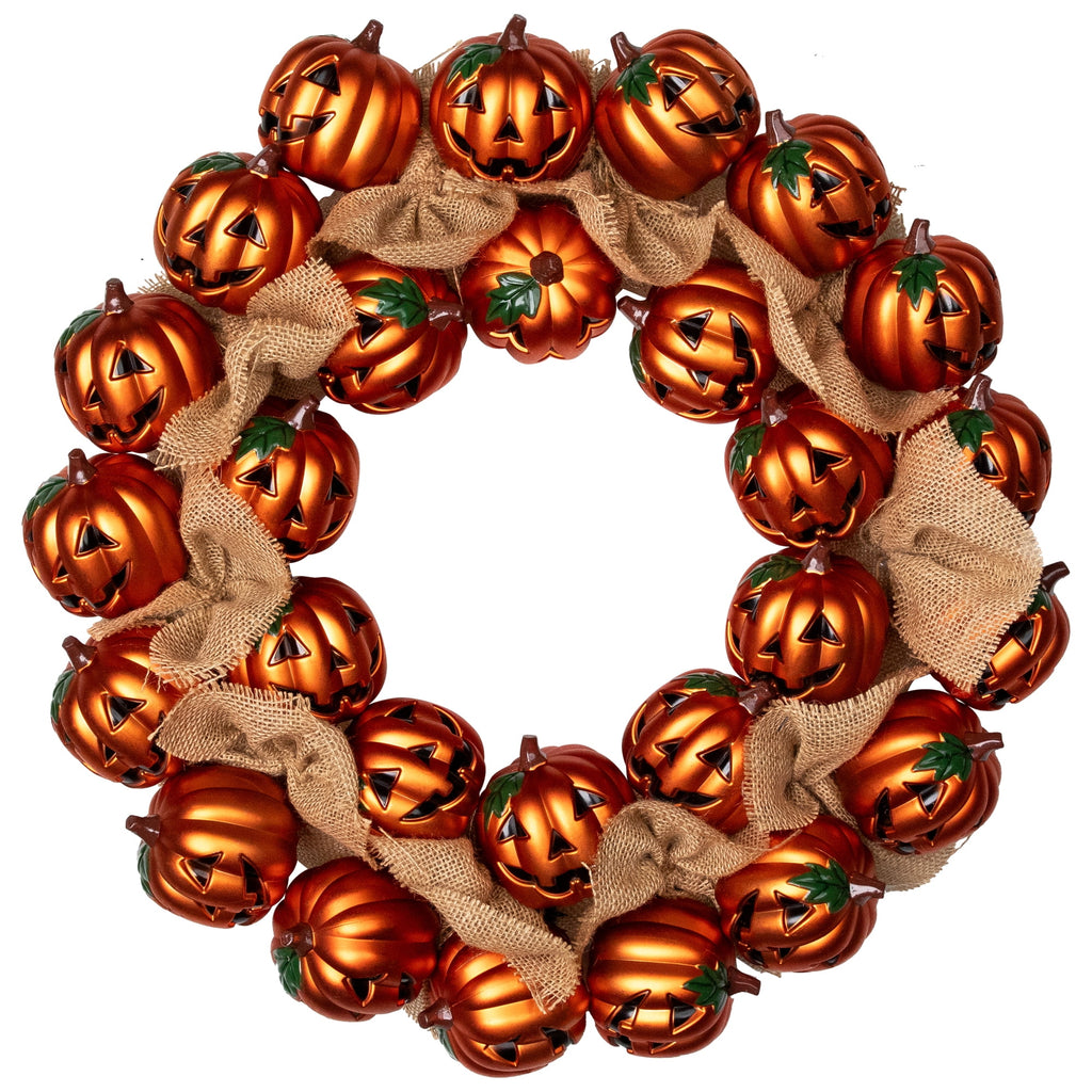 Northlight Jack-O-Lanterns with Burlap Ribbon Small Artificial Halloween Wreath - 20" - Unlit