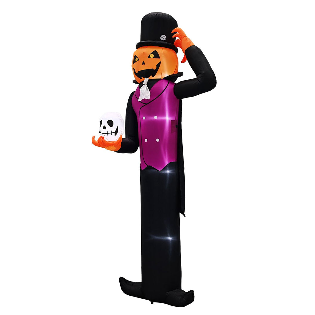 12FT Halloween Inflatable Pumpkin Man Holding Skull Outdoor Decor with Built-in LED Lights Waterproof Polyester Blow Up Yard Ornament