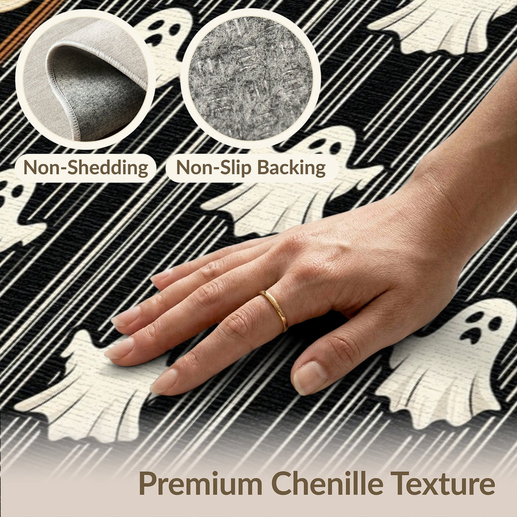 ODIKA Halloween Spooky Pumpkin Phantom Striped Entrance Door Doormat for Playroom, Bedroom, Reading Nook, Pet Friendly & Kids Safe Play