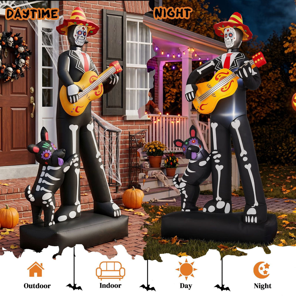7.3FT Inflatable Ghost Musician with Puppet 6 LED Lights Black Orange Halloween Yard Decor
