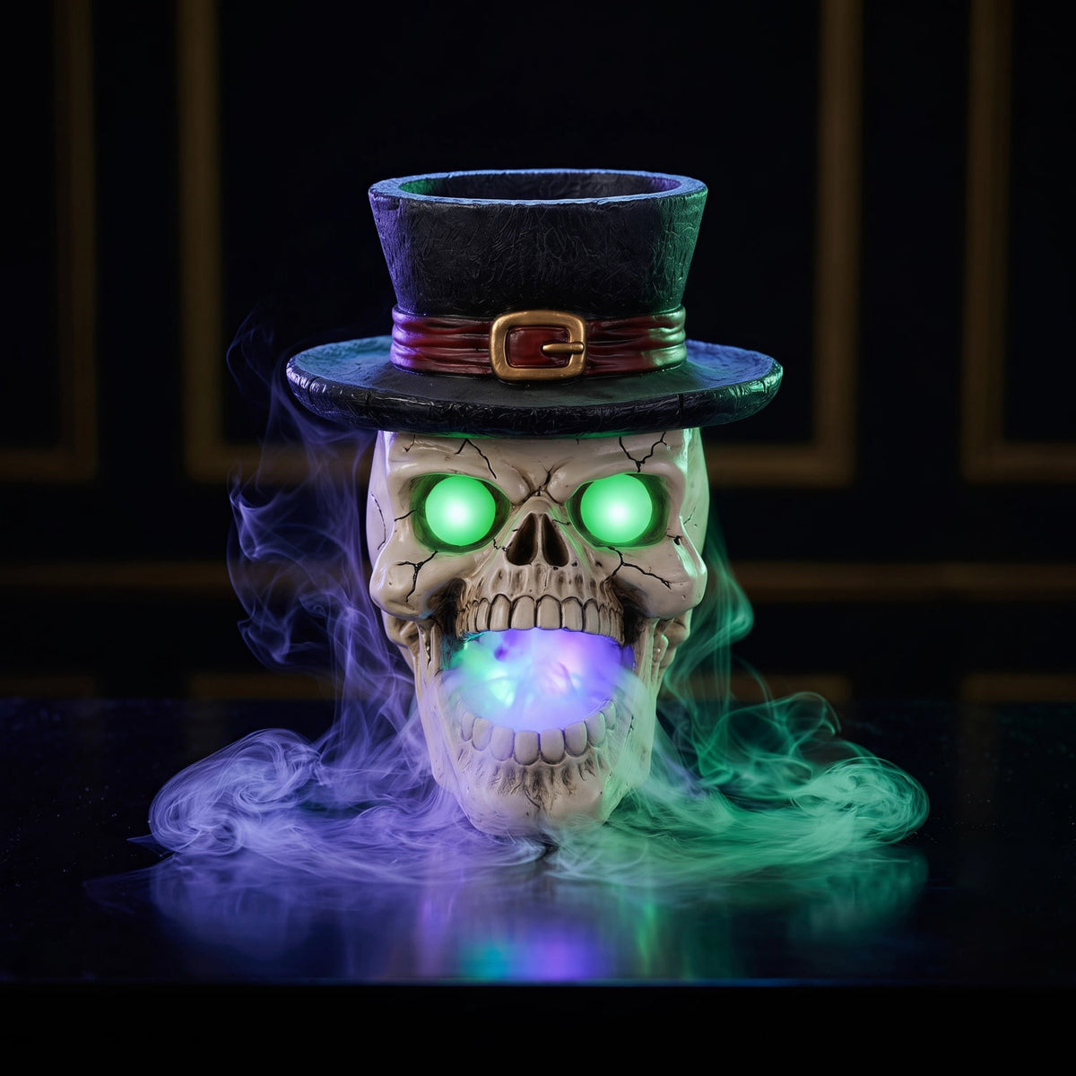 SpookHaven Halloween Jack‑O‑Lantern Pumpkin Mist Sprayer Figurine, LED Light‑Up Fogger with Witch Hat & Skull Decoration, Spooky Ornament for Tabletop Entryway Halloween Party Home Decor
