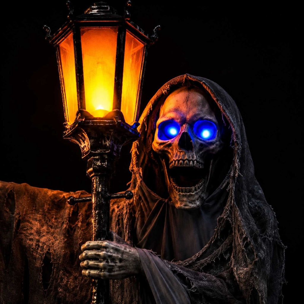 ShengapQ Halloween Ghost Street Lamp Light Up Skeleton Prop, Glowing Eyes Decoration, Outdoor Porch Display, Spooky Yard Decor, Creepy Halloween Centerpiece