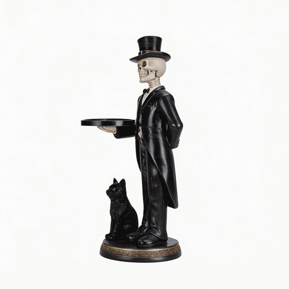 Halloween Skeleton Butler Floor Statue with Serving Tray & Black Cat, Resin Gothic Home Decor for Entryway Porch Living Room
