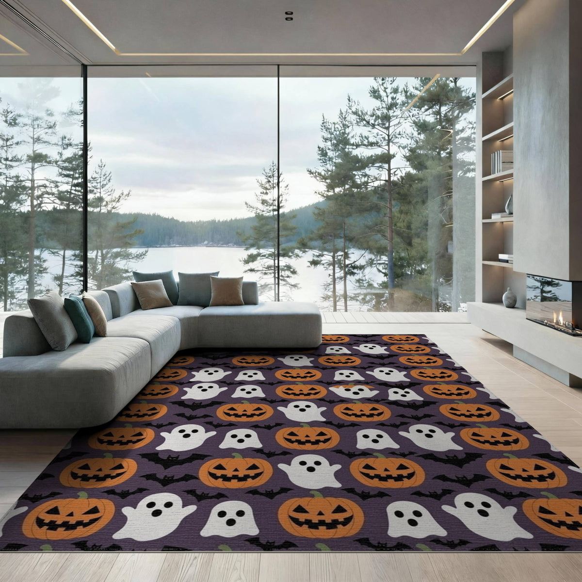 ODIKA 8'x10' Washable Area Rug Halloween Harvest Spirits Grinning Lantern Entrance Doormat Door for Living Room, Under Sectional, Family , Durable, Non-Slip