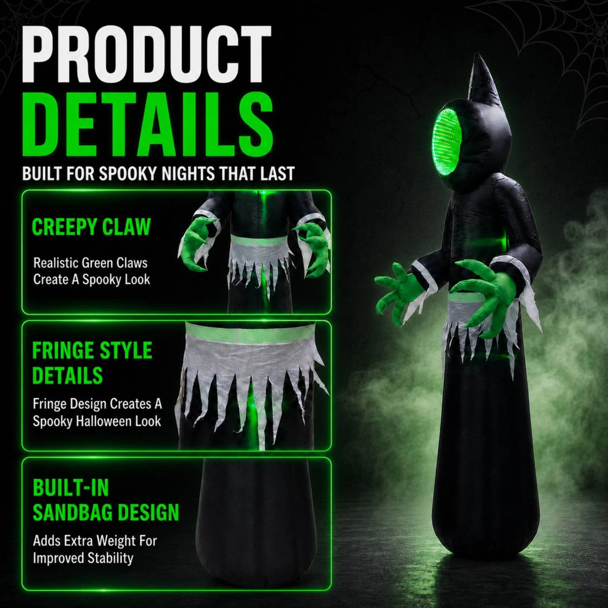 8FT Halloween Inflatable with Green Face,3D Infinity Depth LED Light and Auto Changing Models, Spooky Outdoor Halloween Decoration for Yard and Party
