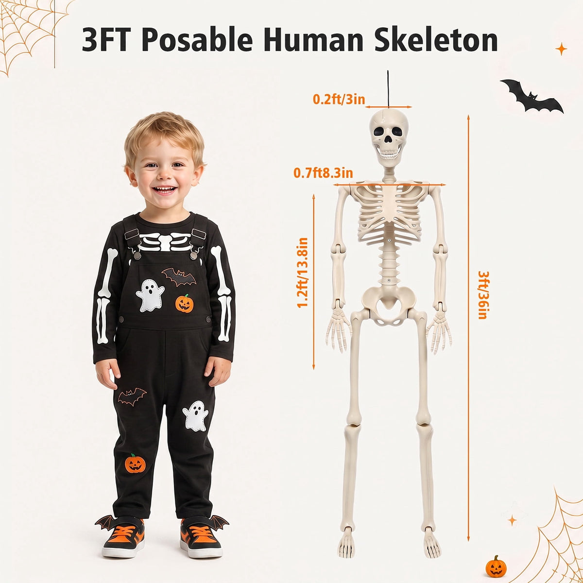 THE BRIVE 5.4ft Life Size Poseable Halloween Skeleton, Movable Joint Plastic Prop for Yard Porch Party Decor