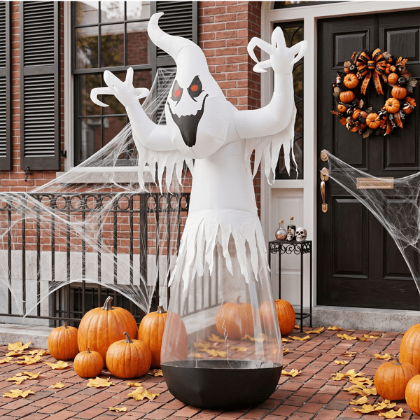 Alvantor 12 ft Clear PVC Ghost Halloween Inflatable with 2 LED Lights and Stage Light, Black and White